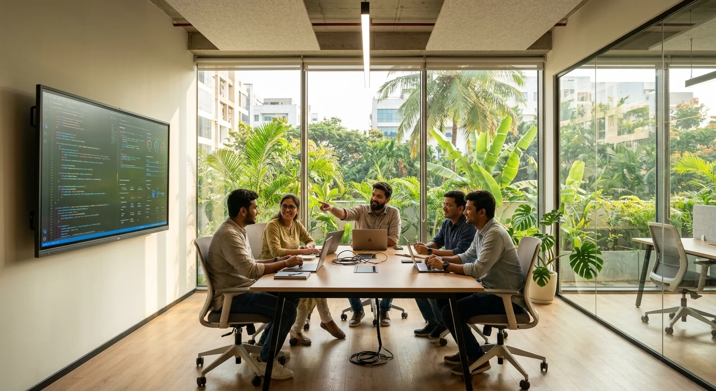 Engineers collaborating in a modern tech office in India, representing the growth of offshore software development