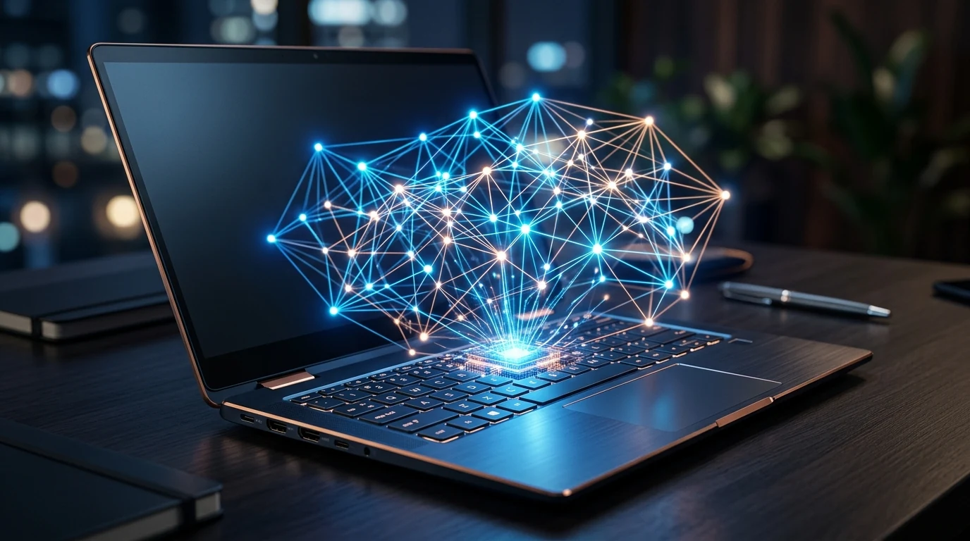 Abstract visualization of local on-device artificial intelligence running directly on computer hardware