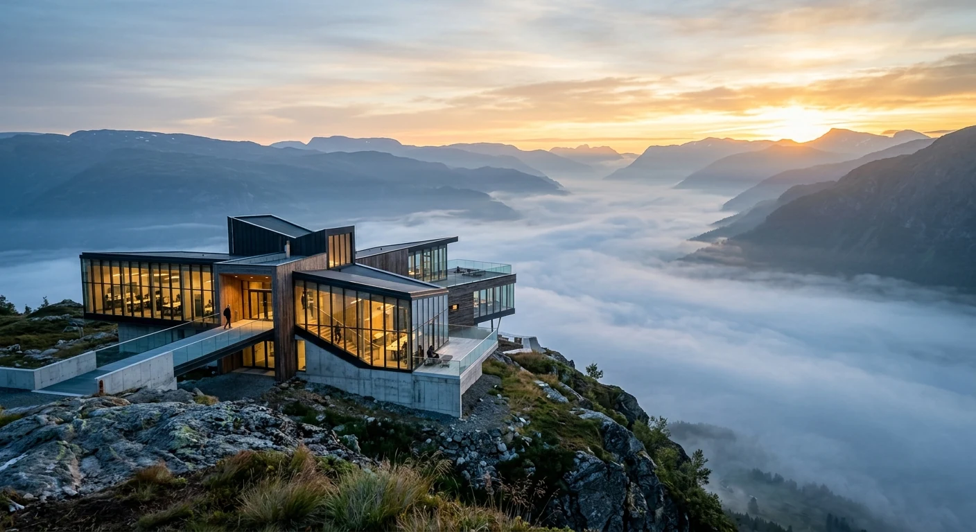 Modern architectural research pavilion overlooking a misty mountain landscape at dawn, symbolizing balanced technological pacing.