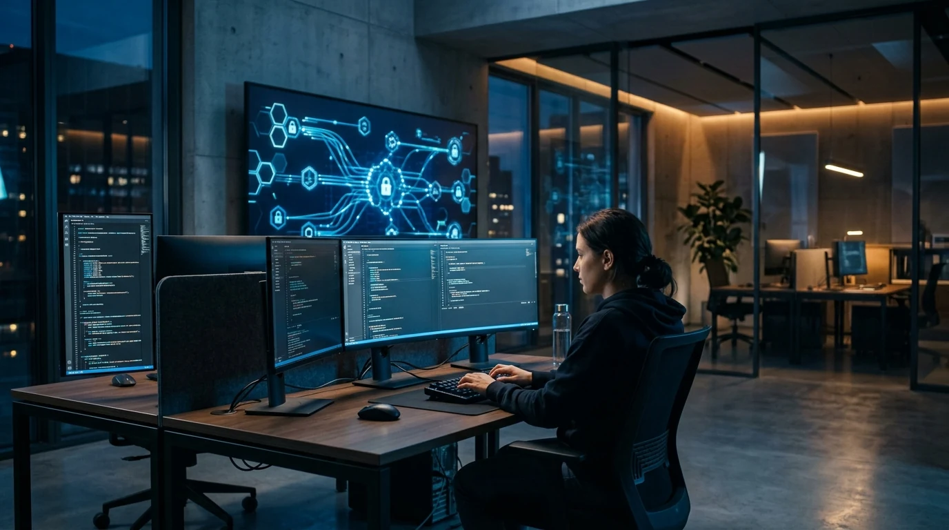 Abstract visualization of secure coding and encrypted data streams on computer monitors in a modern software development workspace.